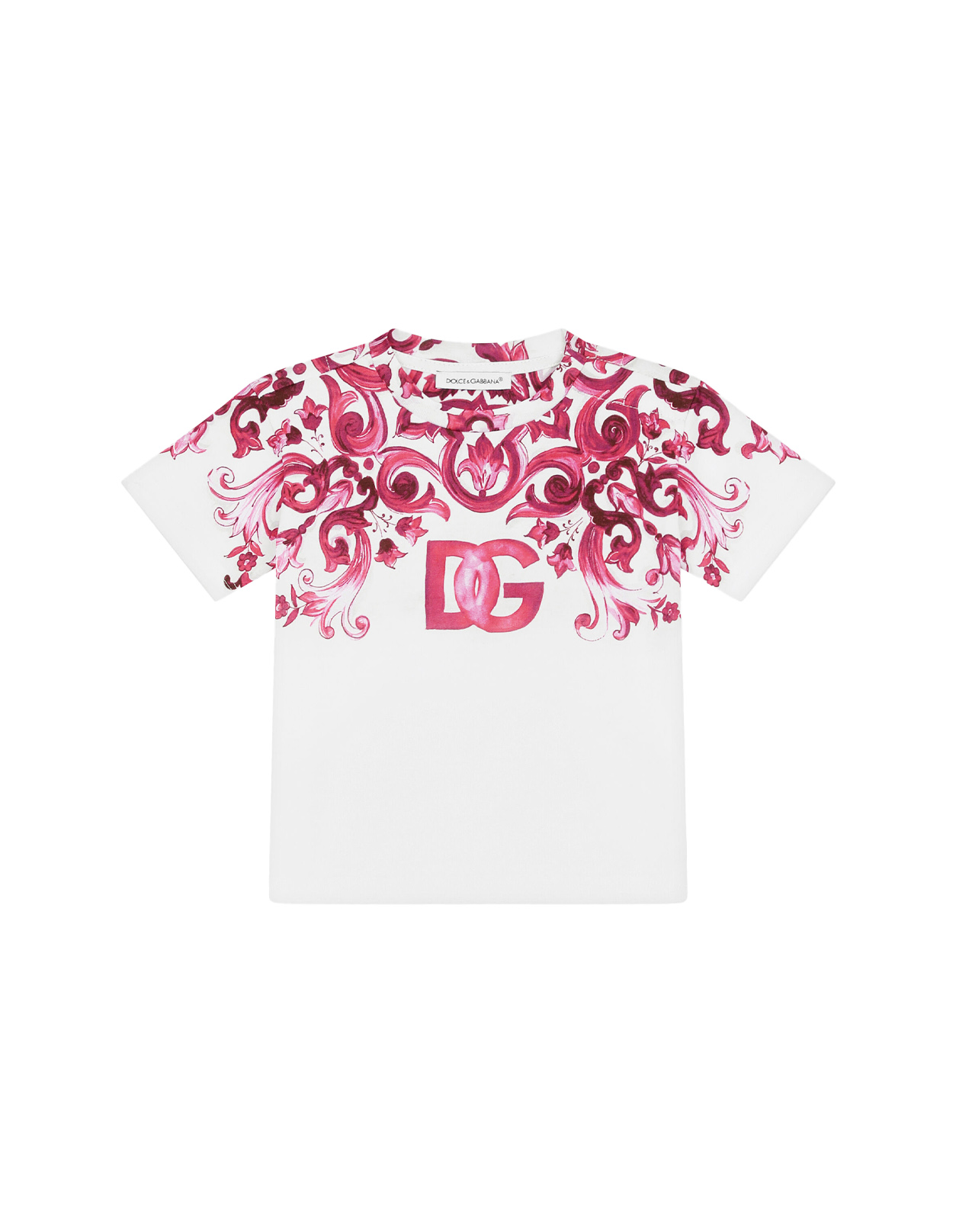 T-Shirt Con Logo DG e Stampa Maiolica Fucsia DOLCE & GABBANA KIDS | L2JTJK-G7E9QHE3TN