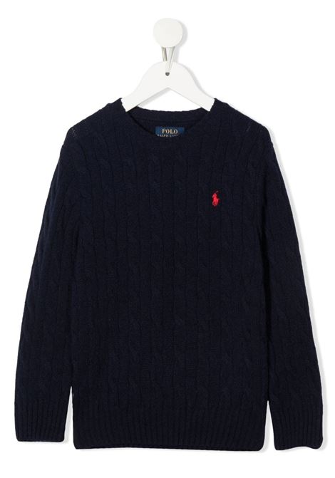 Kids Navy Blue Cable Knit Sweater With Red Pony RALPH LAUREN KIDS | 321-877728001