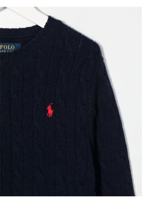 Kids Navy Blue Cable Knit Sweater With Red Pony RALPH LAUREN KIDS | 321-877728001
