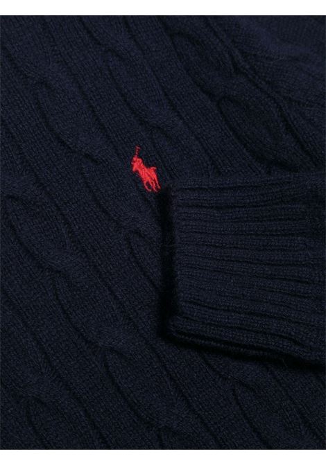Kids Navy Blue Cable Knit Sweater With Red Pony RALPH LAUREN KIDS | 322-877728001