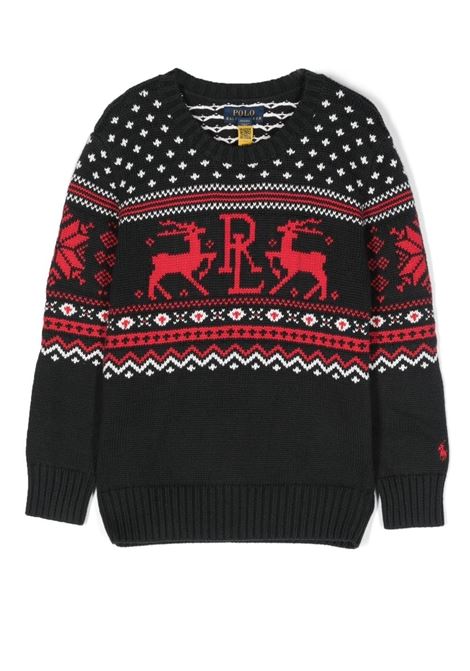 Sweater In Black Cotton With Red Reindeer RALPH LAUREN KIDS | 323-877759001