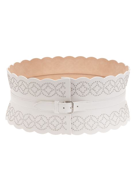 White Leather Corset Belt With Geometric Pattern Of Micro Studs ALAIA | 9S1E082RCY65C010
