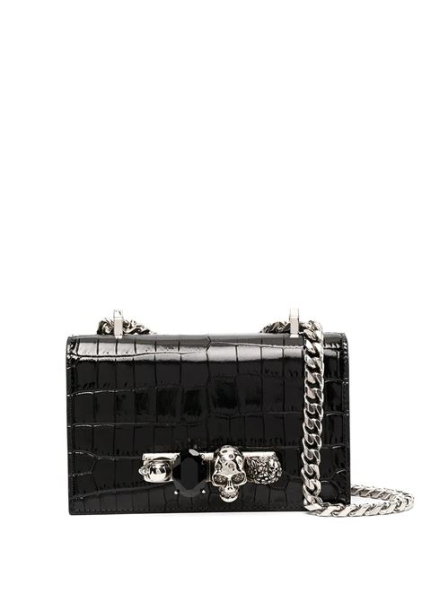 Black And Silver Mini Jeweled Satchel Bag In Crocodile Embossed Leather ALEXANDER MCQUEEN | 653134-1HB0Y1001