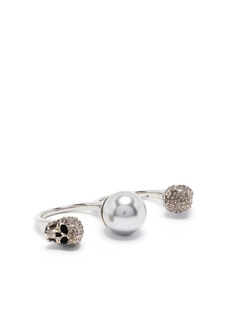 Antiqued Silver Double Pearl Skull Ring ALEXANDER MCQUEEN | 734749-I170E1390