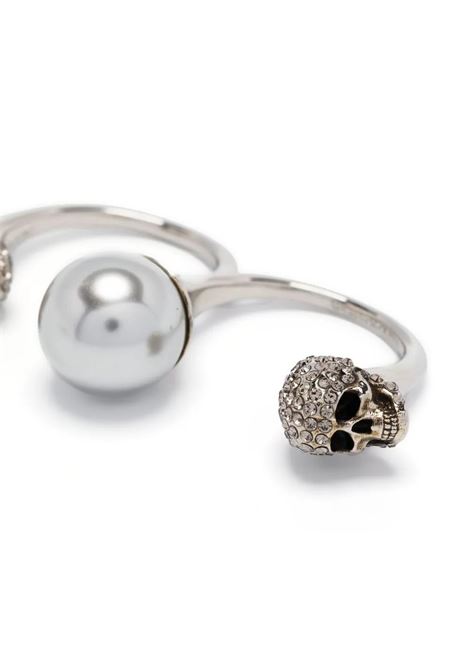 Antiqued Silver Double Pearl Skull Ring ALEXANDER MCQUEEN | 734749-I170E1390