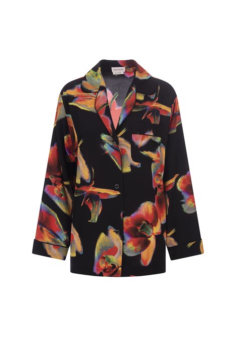 Black Silk Shirt With Solarised Orchid Print ALEXANDER MCQUEEN | 757226-QCAHF1000