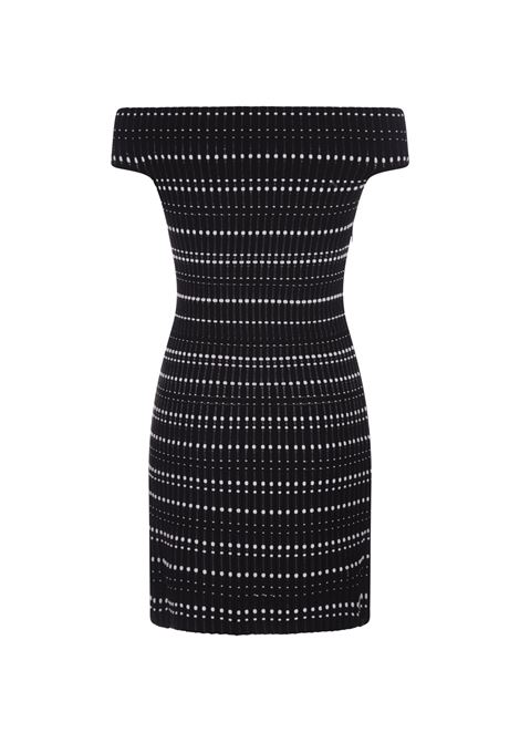 Black and White Knitted Sheath Dress with Off Shoulder ALEXANDER MCQUEEN | 758549-Q1A6P1104