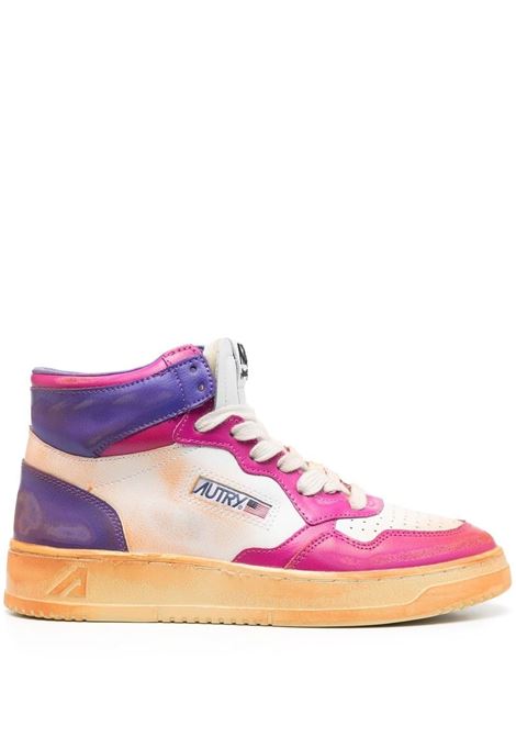 Super Vintage Medalist Mid Sneakers in White, Fuchsia and Violet Leather AUTRY | AVMWSV16