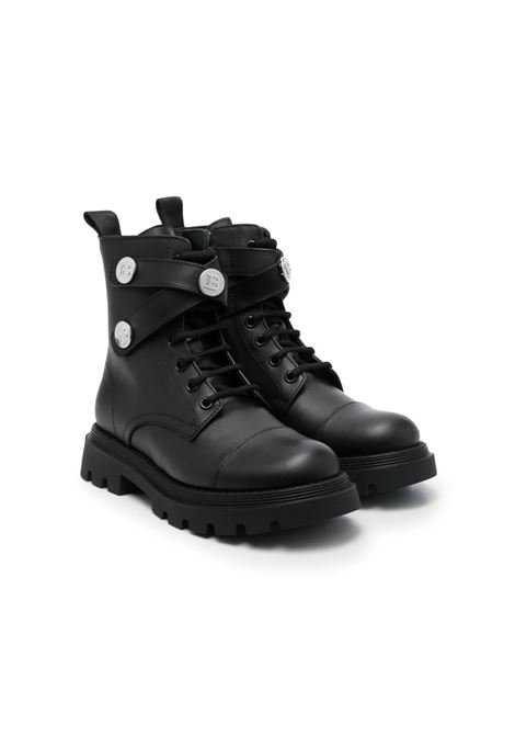 Black Laced Ankle Boots with Straps and Silver Studs BALMAIN KIDS | BT0P26-Z0833930