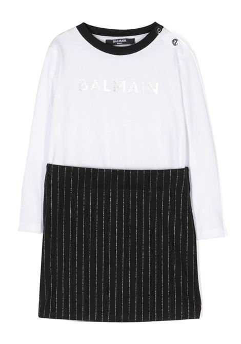 Black and White Dress With Logo and Pinstripe Skirt BALMAIN KIDS | BT1020-Z1537930BC