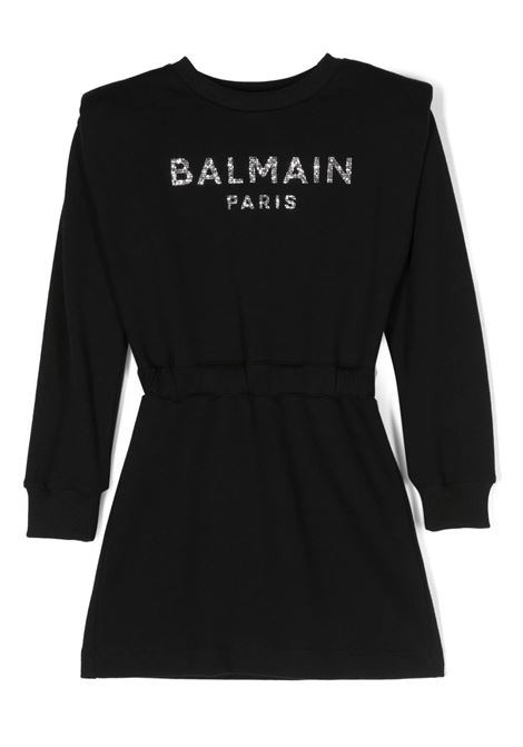 Black Dress With Silver Rhinestone Logo BALMAIN KIDS | BT1A80-Z0001930
