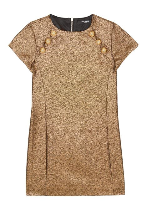 Golden Short Sleeve Dress With Buttons BALMAIN KIDS | BT1B81-B0065219NE