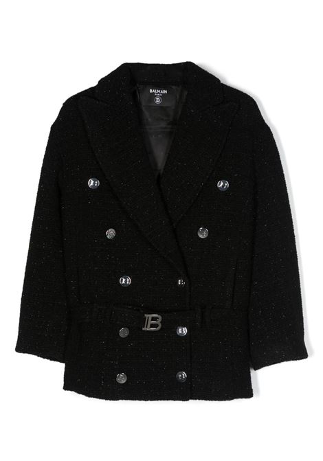 Black Wool Tweed Double-Breasted Coat BALMAIN KIDS | BT2A40-E0126930