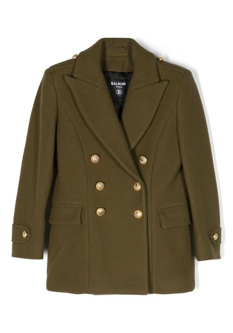 Green Double-Breasted Coat With Embossed Gold Buttons BALMAIN KIDS | BT2B40-E0125726