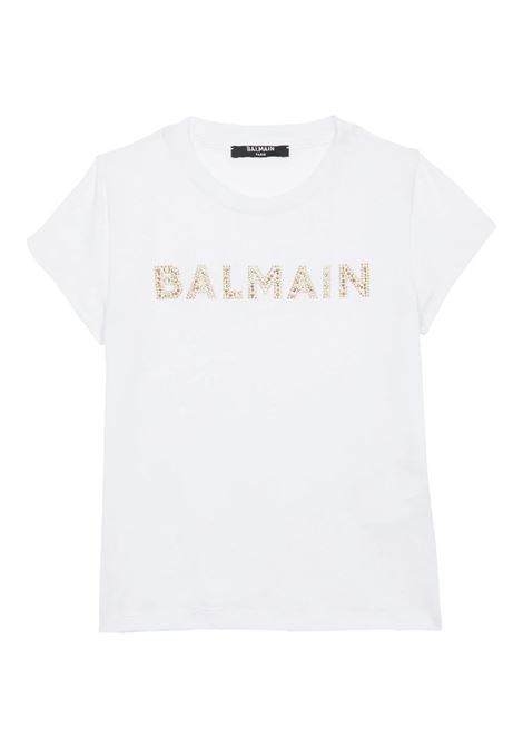 White T-Shirt With Gold Rhinestone Logo BALMAIN KIDS | BT8A21-J0177100
