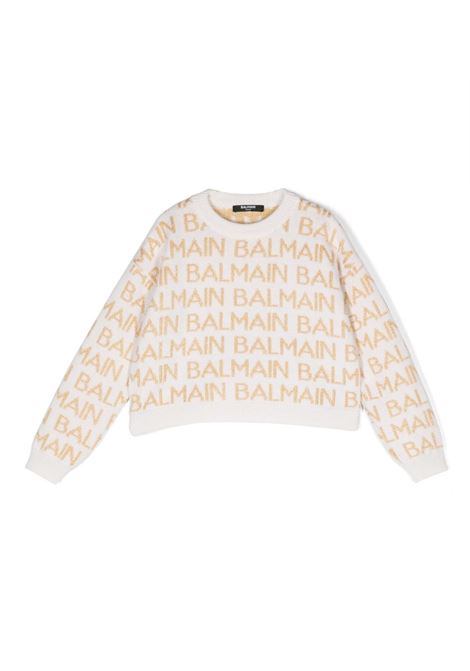 Ivory Sweater With All-Over Golden Logo BALMAIN KIDS | BT9A10-Z1849102OR