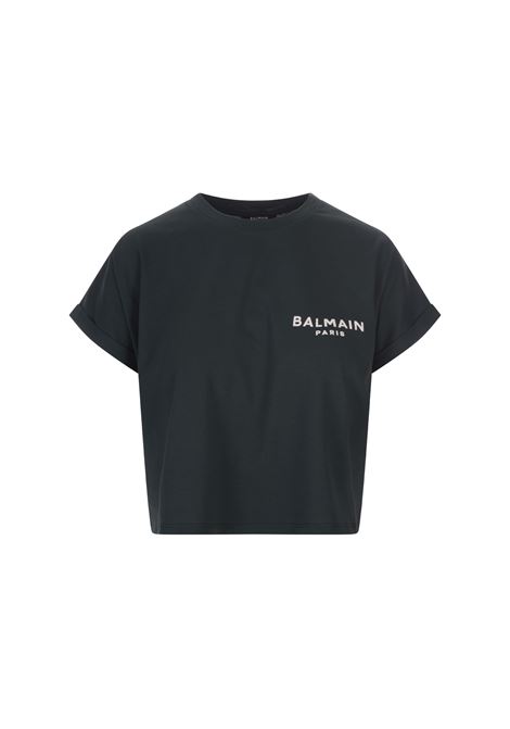 T-Shirt Corta Verde Con Logo Floccato BALMAIN | BF1EE005BB01UFK