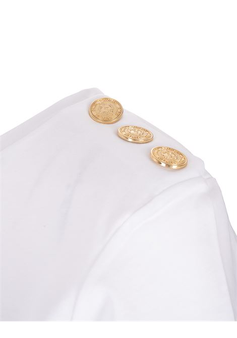White T-Shirt With Black Logo and Golden Buttons BALMAIN | BF1EF005BB02GAB