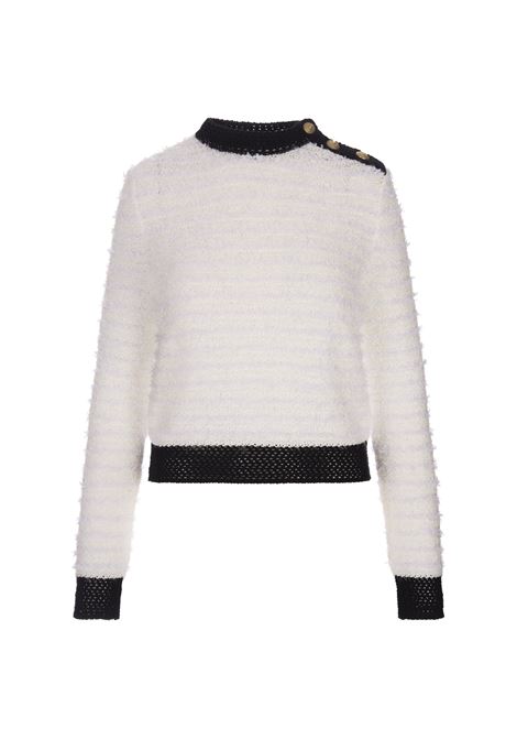 White Tweed Sweater With Black Crochet Finishes BALMAIN | BF1KA007KE87GAB