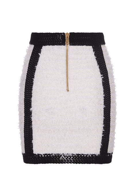 White Tweed Short Skirt With Black Crochet Finishes BALMAIN | BF1LB036KE87GAB
