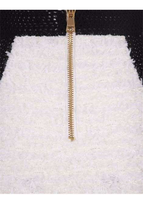White Tweed Short Skirt With Black Crochet Finishes BALMAIN | BF1LB036KE87GAB