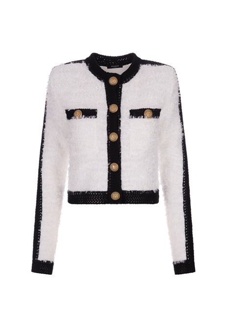 Blazer In Tweed Bianco Con Finiture Crochet Nere BALMAIN | BF1SK248KE87GAB