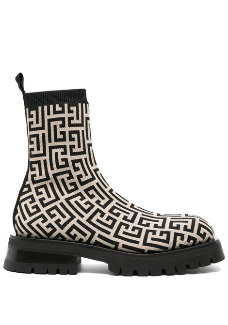Black and Ivory Jacquard Knitted Ankle Boot with Monogram BALMAIN | BN1TC872TMGKGFE