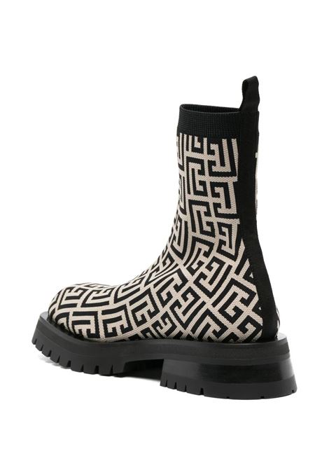 Black and Ivory Jacquard Knitted Ankle Boot with Monogram BALMAIN | BN1TC872TMGKGFE