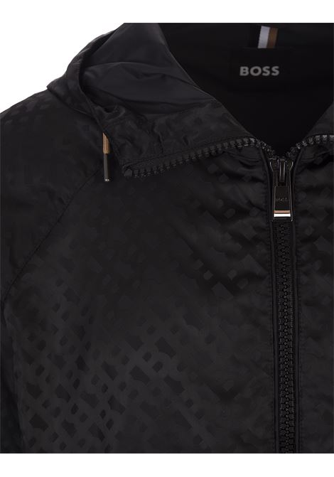 Black Water-Repellent Hooded Jacket With Monogram Jacquard BOSS | 50494294001
