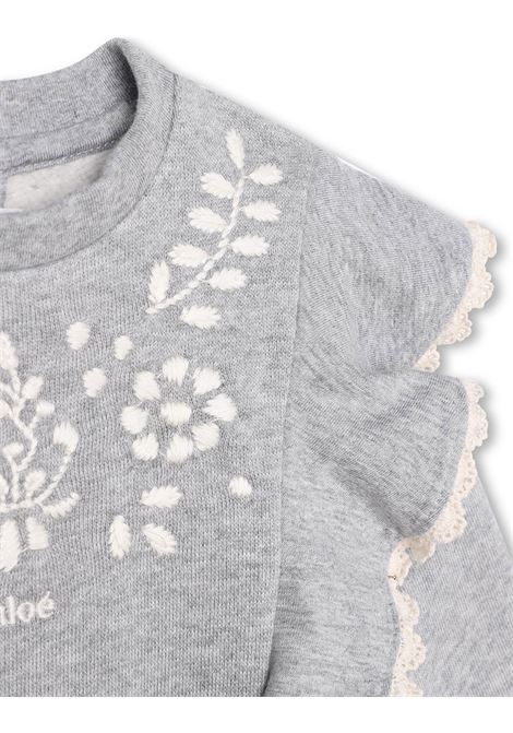 Grey Sweatshirt With Ruffles and Contrasting Embroideries Chloé Kids | C05449A38