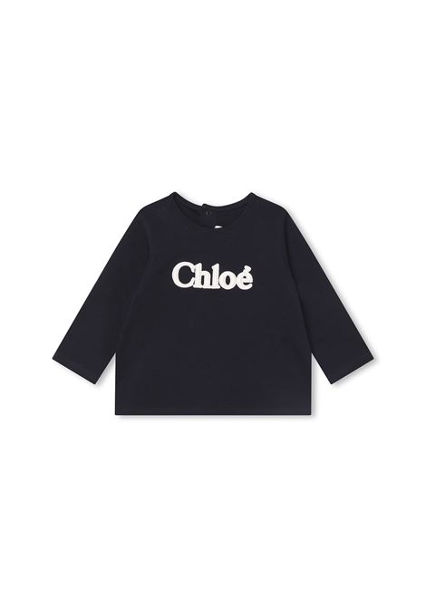 Navy Blue T-Shirt With Embroidered Logo Chloé Kids | C05450859