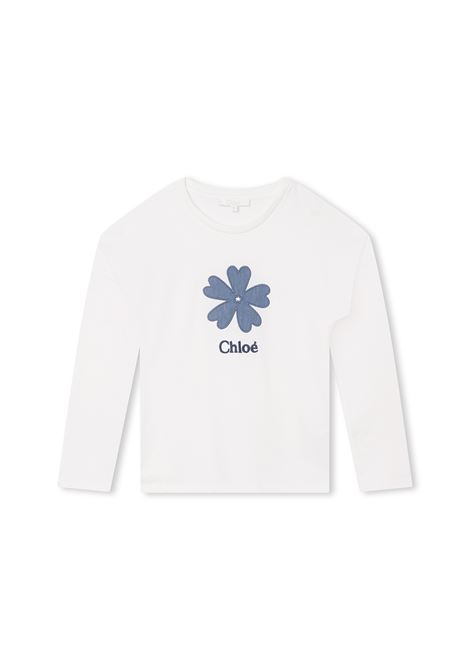 White T-Shirt With Denim Flower and Chlo? Logo - Chloé Kids - Russocapri