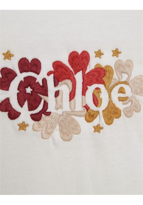 T-Shirt Bianca Con Ricamo Floreale e Logo Chloé Chloé Kids | C15E34117