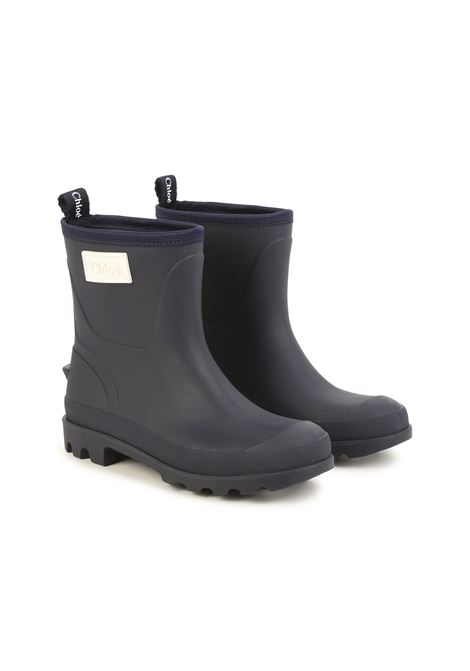 Navy Blue Rubber Ankle Boots With Logo Patch Chloé Kids | C19182859