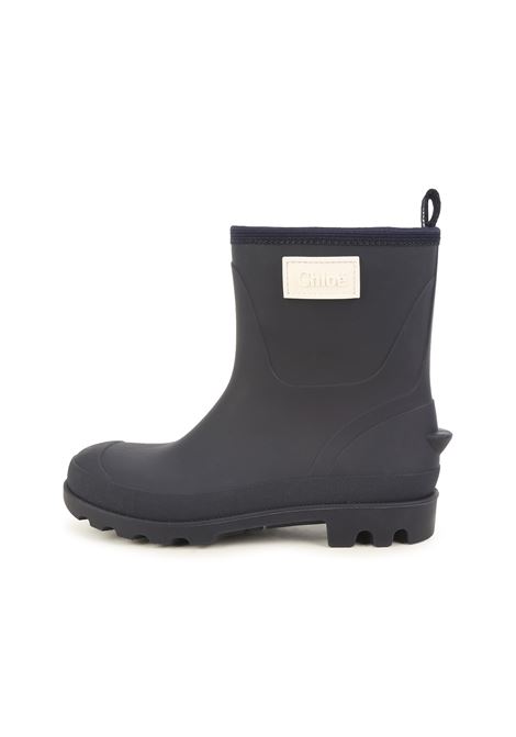 Navy Blue Rubber Ankle Boots With Logo Patch Chloé Kids | C19182859