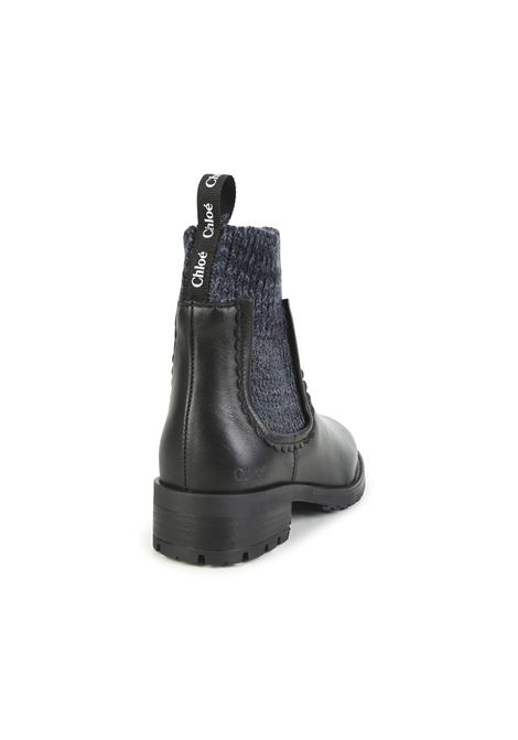 Black Leather Ankle Boots With Navy Blue Sock Insert Chloé Kids | C1918509B