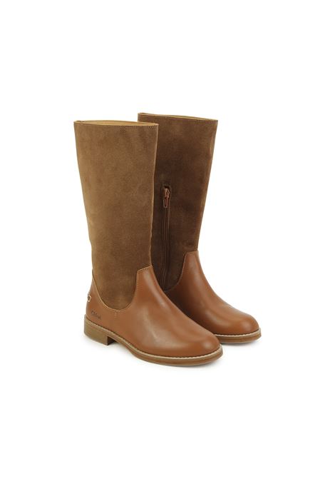 Tan Leather and Suede Boot With Logo Chloé Kids | C19189239