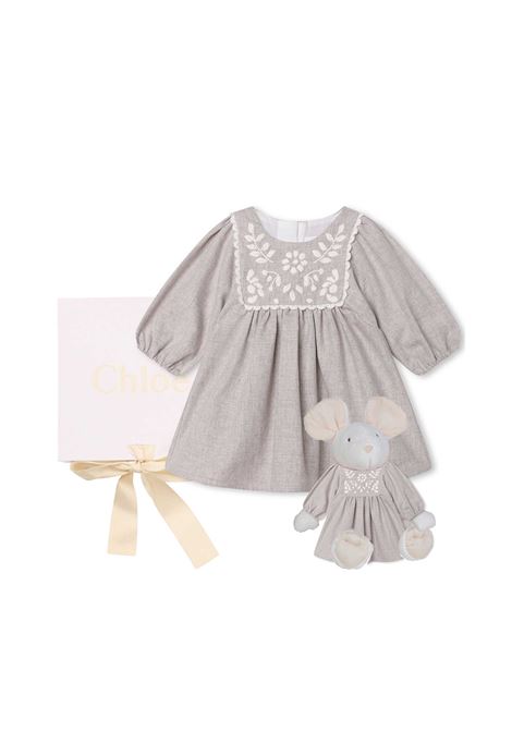 Dress and Peluche In Grey With Contrasting Floral Embroidery Chloé Kids | C9K232C10