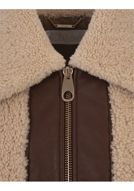 Beige and Brown Leather and Shearling Bomber Jacket Chloé | C23ACV05204113