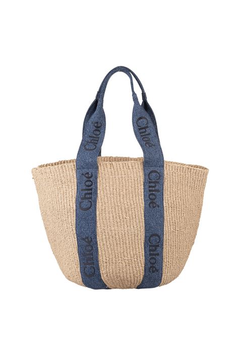 Woody Large Basket Bag In Raffia With Chlo? Denim Ribbons Chloé | C23US380K3845D