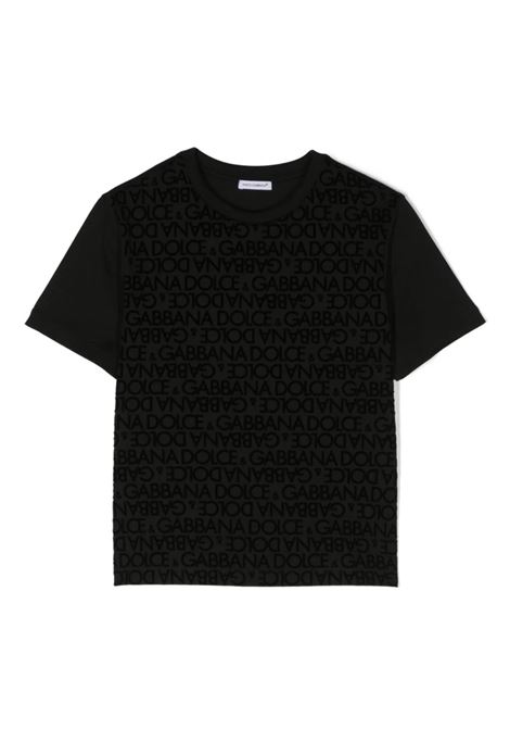 Black T-Shirt With Velvet All-Over Logo DOLCE & GABBANA KIDS | L4JTBL-G7K2DS9000