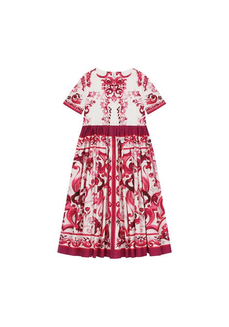 Long Poplin Dress With Fuchsia Majolica Print DOLCE & GABBANA KIDS | L53DG7-G7E9WHE3TN
