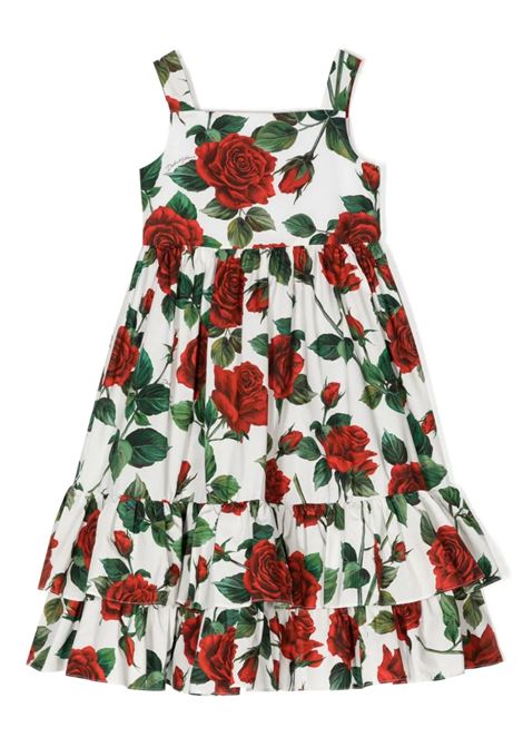 White Dress With Rose Print DOLCE & GABBANA KIDS | L53DP4-HS5QHHA4VQ