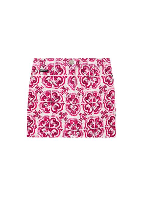 5 Pocket Denim Mini Skirt With Fuchsia Majolica Print  DOLCE & GABBANA KIDS | L54I77-LDB76S9000
