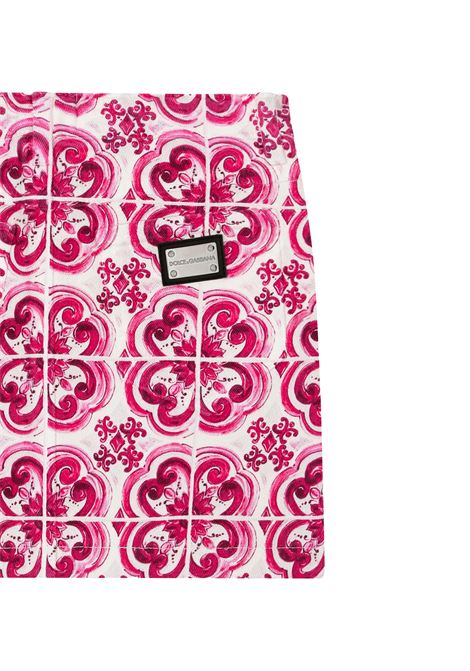 5 Pocket Denim Mini Skirt With Fuchsia Majolica Print  DOLCE & GABBANA KIDS | L54I77-LDB76S9000