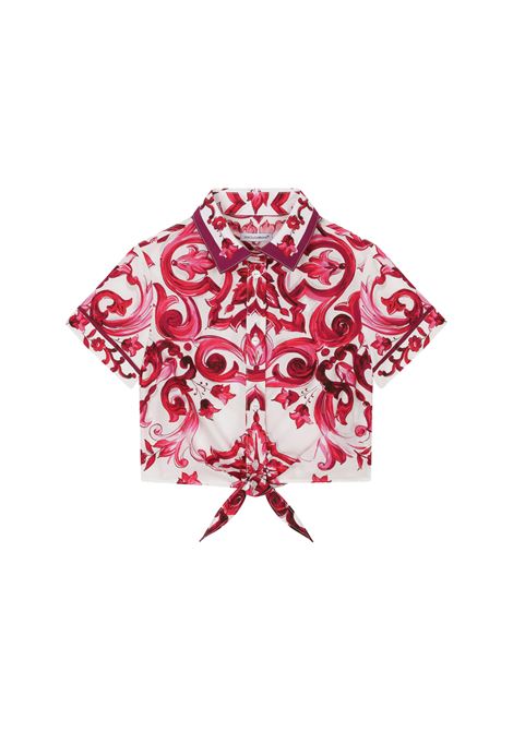 Poplin Shirt With Short Sleeve and Fuchsia Majolica Print DOLCE & GABBANA KIDS | L54S05-G7KXPHE3TN