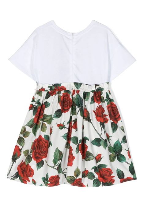 White Dress With Rose Print and DG Logo Patch DOLCE & GABBANA KIDS | L5JD4R-G7KN2HA4VQ