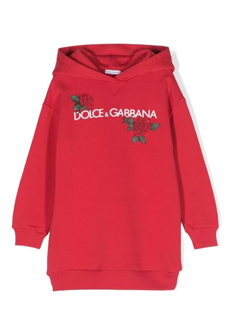 Red Hoodie Dress With Logo and Rose Patch DOLCE & GABBANA KIDS | L5JD6O-G7J7TR0046