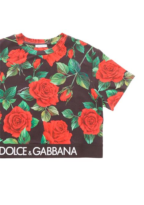T-Shirt Nera Con Stampa Rose DOLCE & GABBANA KIDS | L5JTHR-FSG7OHN4VQ