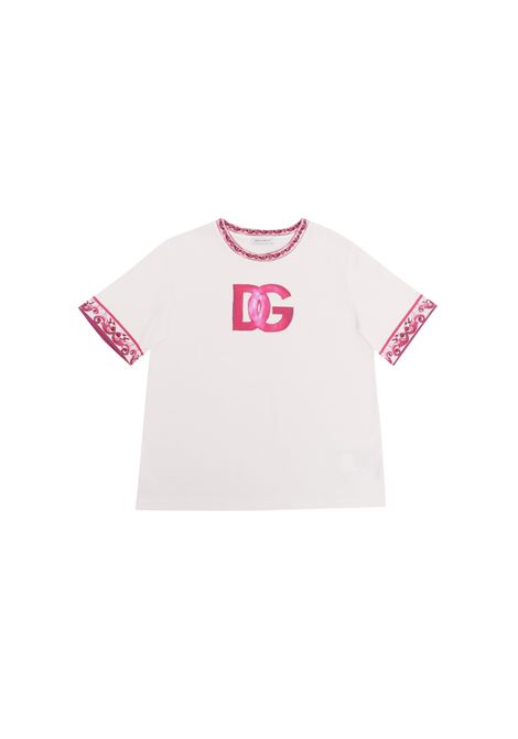 T-Shirt Bianca e Fucsia Con Logo DG DOLCE & GABBANA KIDS | L5JTKC-G7E9RHE3TN